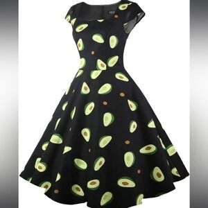 PUKAVT Womens A Line Dress Black Avocado Print Square Neck Cap Sleeve Large